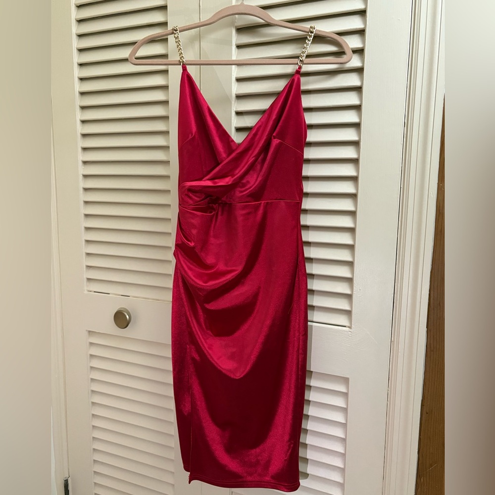 AKIRA Shiny Red Mini Dress with Gold Chain Straps